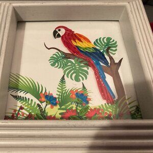 VTG Origami Paper Art PARROT (4.25" x 4.25")-White 6" X 6" Frame-Handcraft VGUC